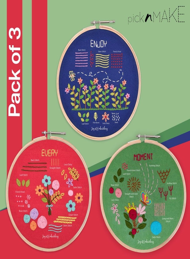 picknMAKE Combo of 3 Hand Embroidery Kits for Beginners - DIY Embroidery Kit for Adults & Kids with Colorful Fabrics, 16 Threads, Hoops, Needles & Step‑by‑Step Guide - Floral Theme - Image 5